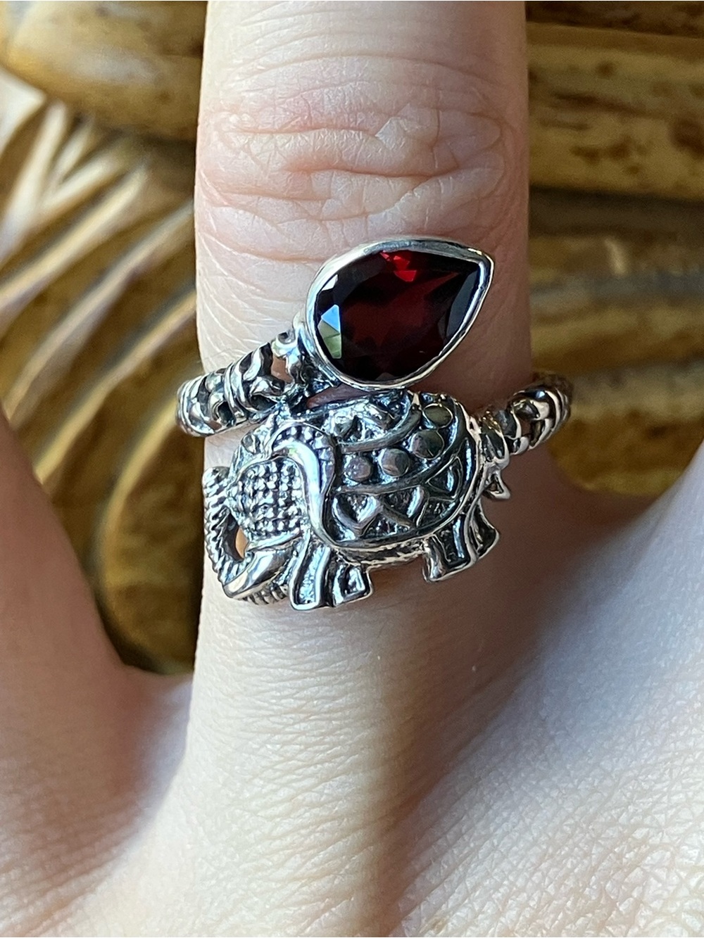 Natural Red Garnet Sterling Silver Elephant Ring Size 7